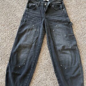 We The Free Washed Black Cargo Barrel Jeans